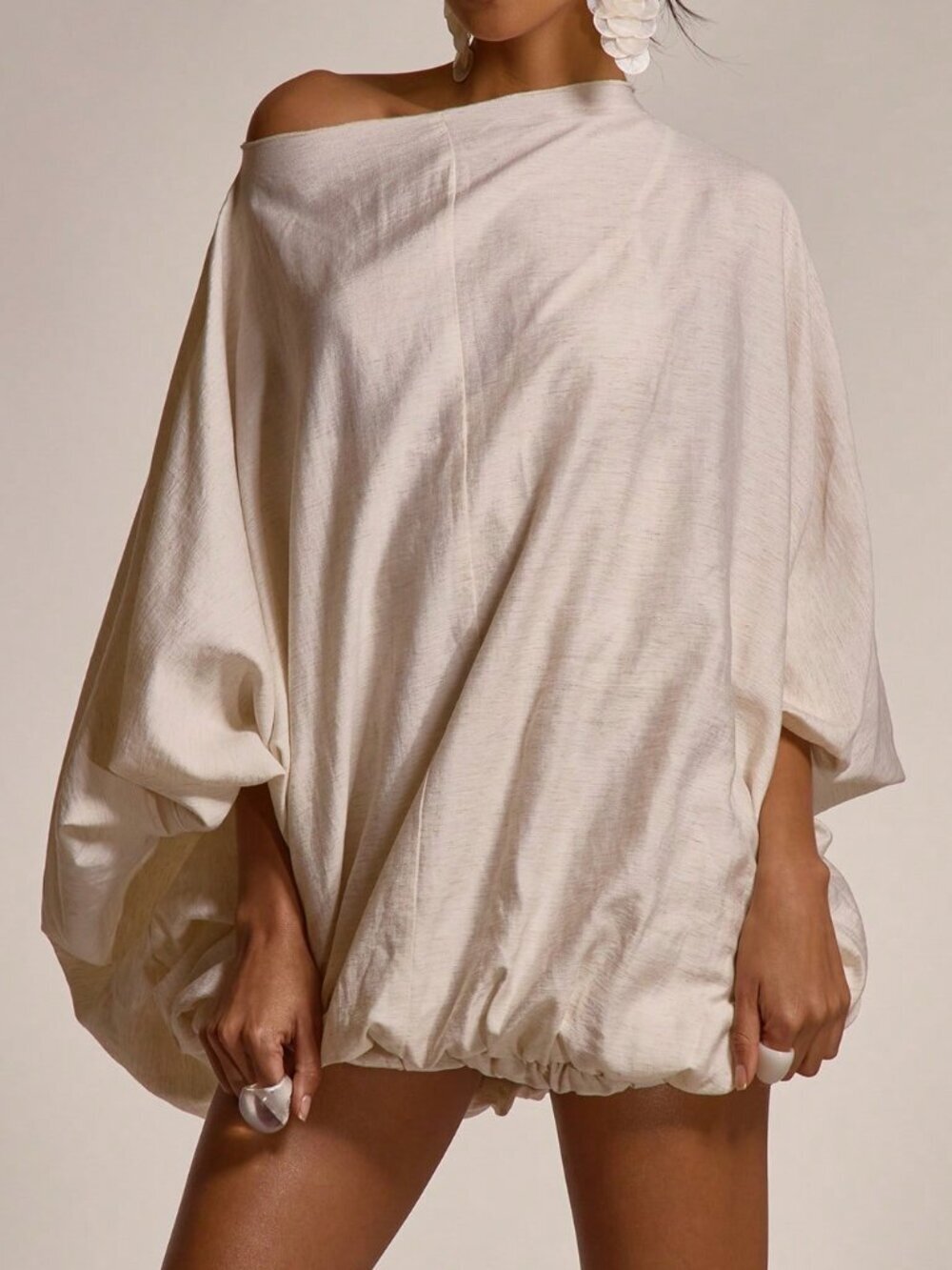 White Boho Women's Slash Neck Cinched Mini Dress
